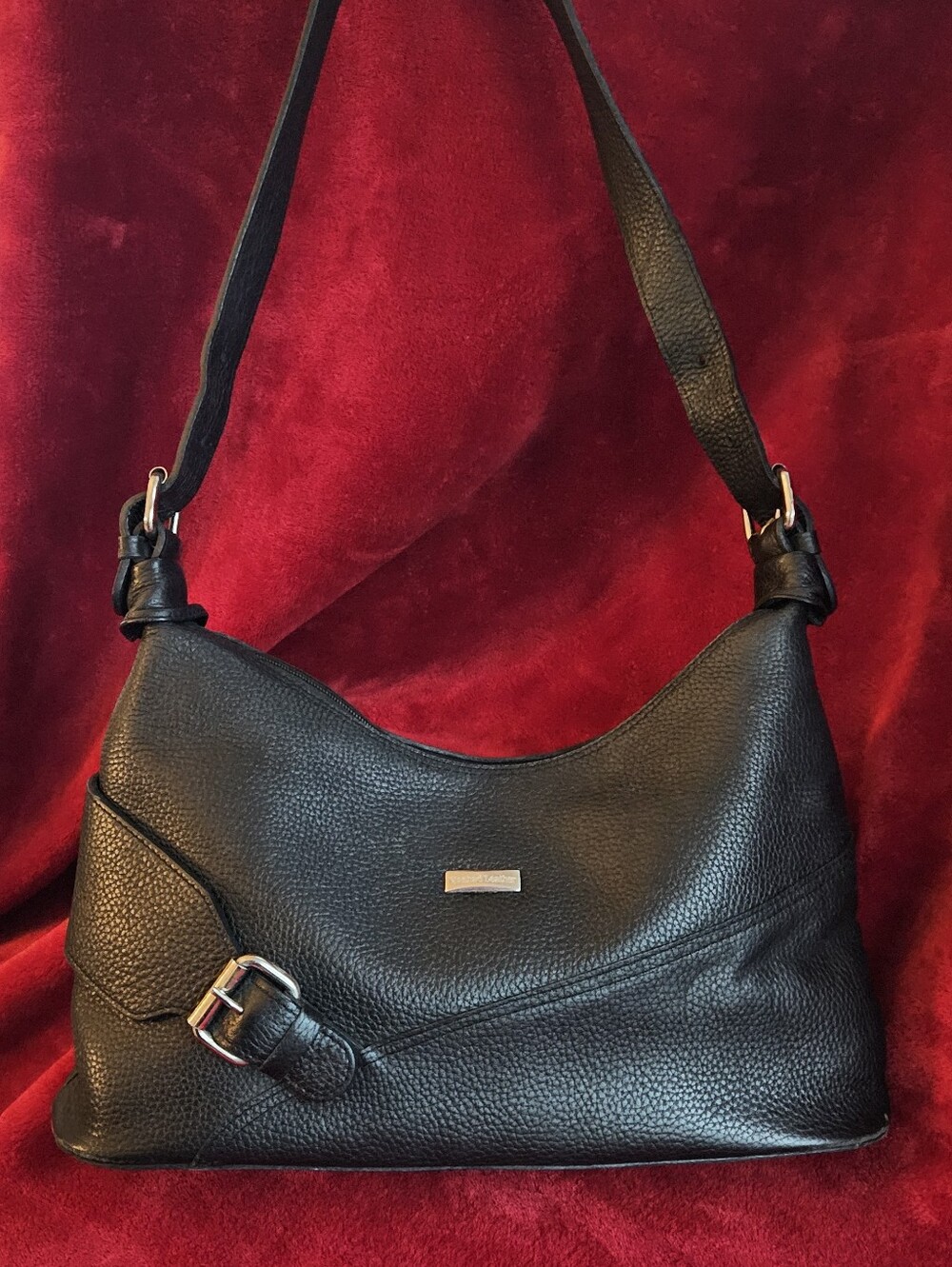 Black Pebbled Leather Shoulder Bag with Buckle Accent